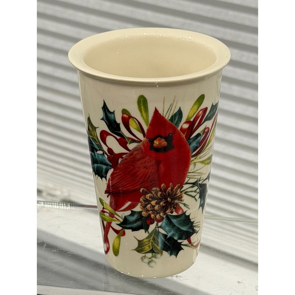 Lenox Red Cardinal Winter Greetings Travel Tumbler Porcelain w Red Silicone Lid - Picture 4 of 8